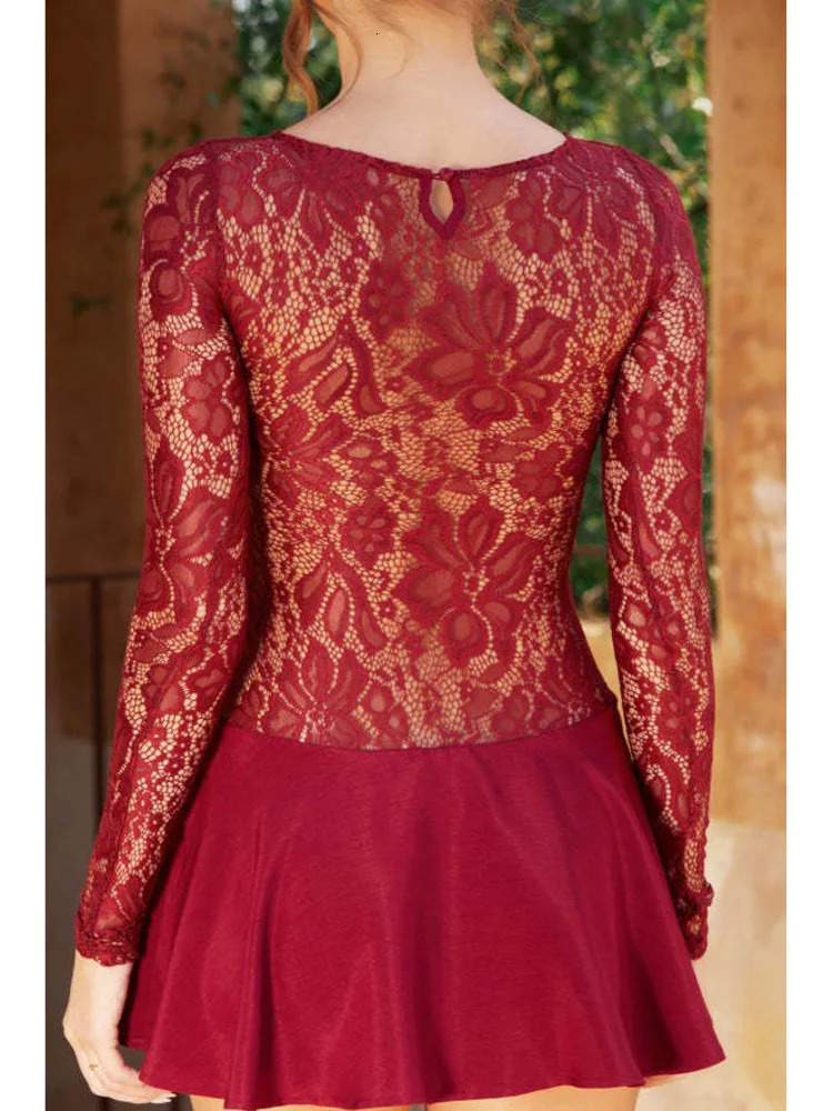 Fantoye Patchwork Sexy See Through Lace Womens Dress Red Long Sleeve Aline Spring Ultra Thin Elegant Party Club 2025 250324