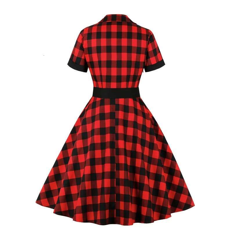 Dongdumaoyi Elegante Jaren Retro Gotische Rode Geruite Jurk Voor Dames V Hals Korte Mouw Met Riem Knielengte Mix Wasbaar In De Machine