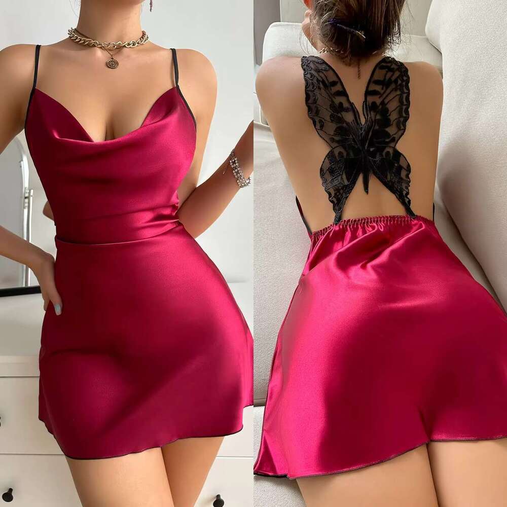 Sfy-Y5016 Nightdress Women's Satin Silk Erotic Pamas Backless Butterfly Embroidery Nightgown Sexy Dress