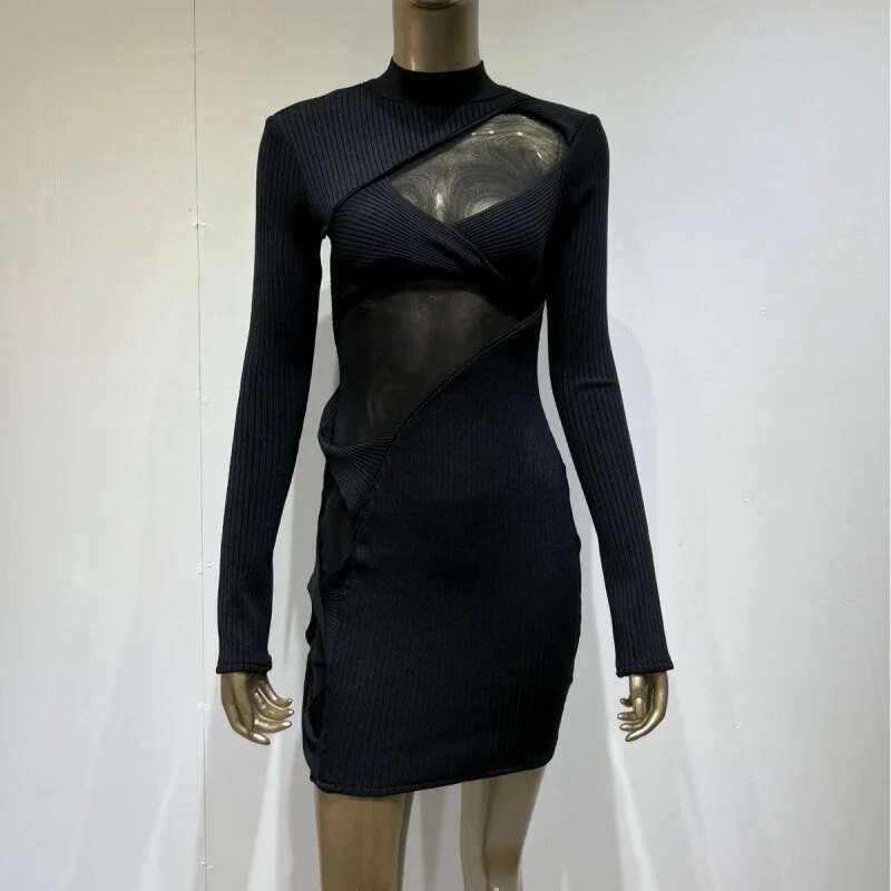 Dongdumaoyi Bandagejurk Met Lange Mouwen Mode Zwarte Pure Panelen Bodycon Mini Damesjurk