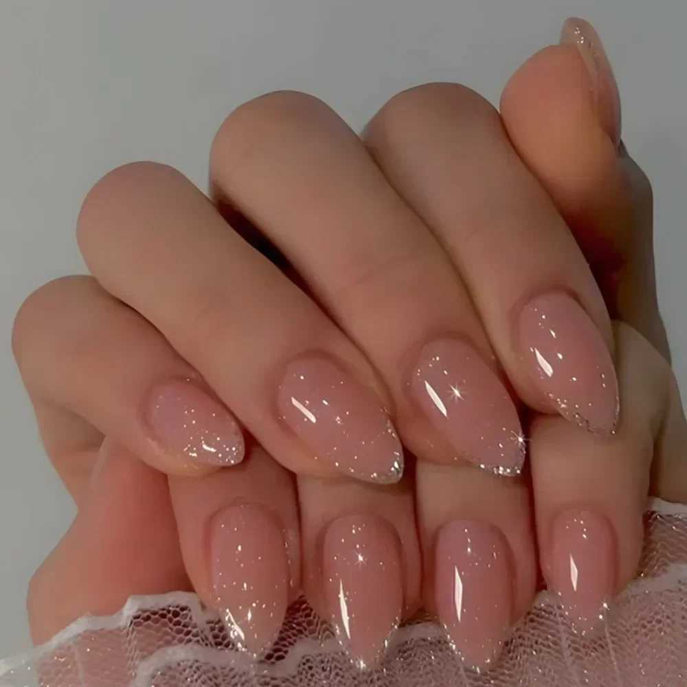 24pcs short pressed nails with almond head full cover silver edge fake nails nude pink luster daily artificial nails for girlsXJ250327