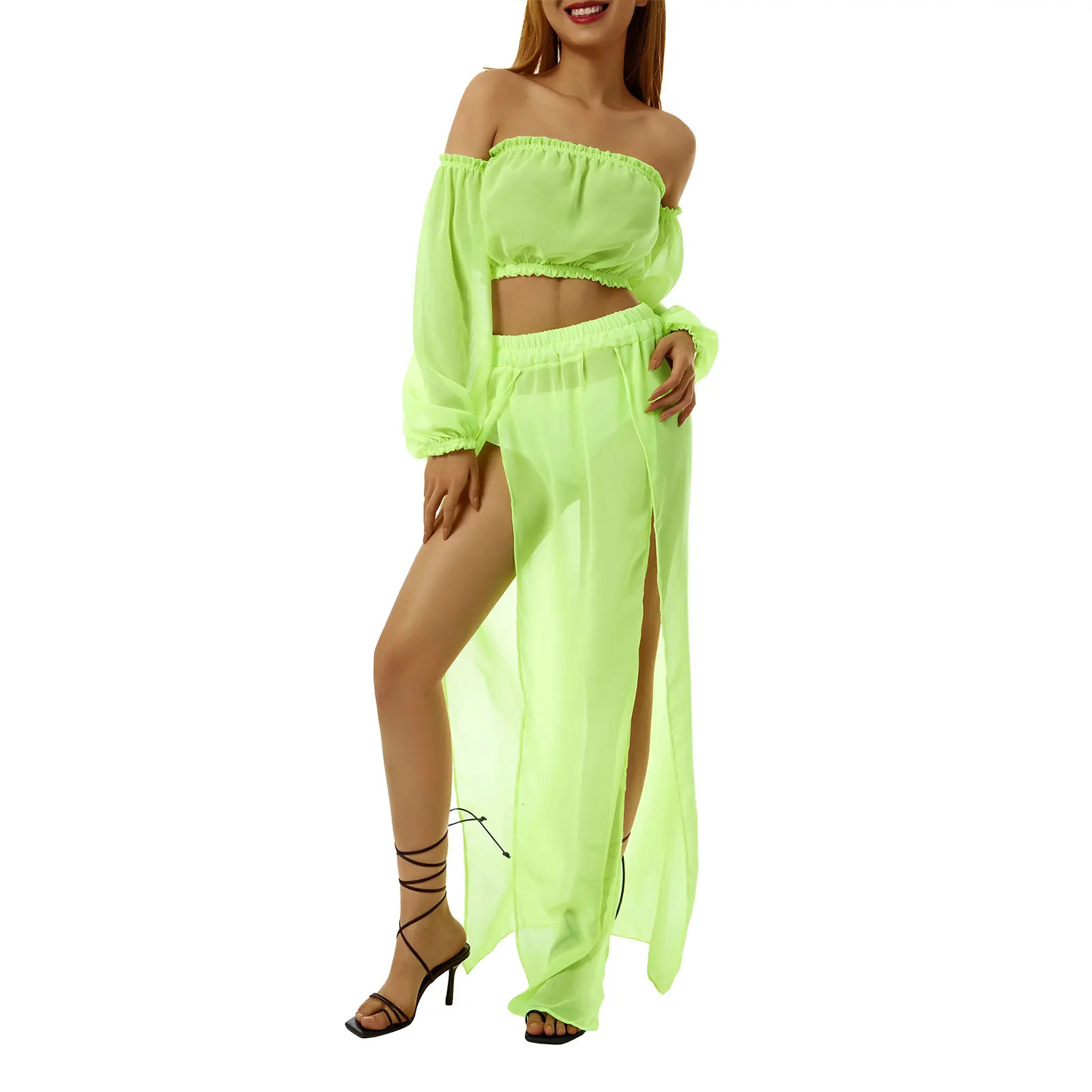 Womens sexy beach resort chiffon shoulder long sleeved pleated hem top waist slotted vest 250326