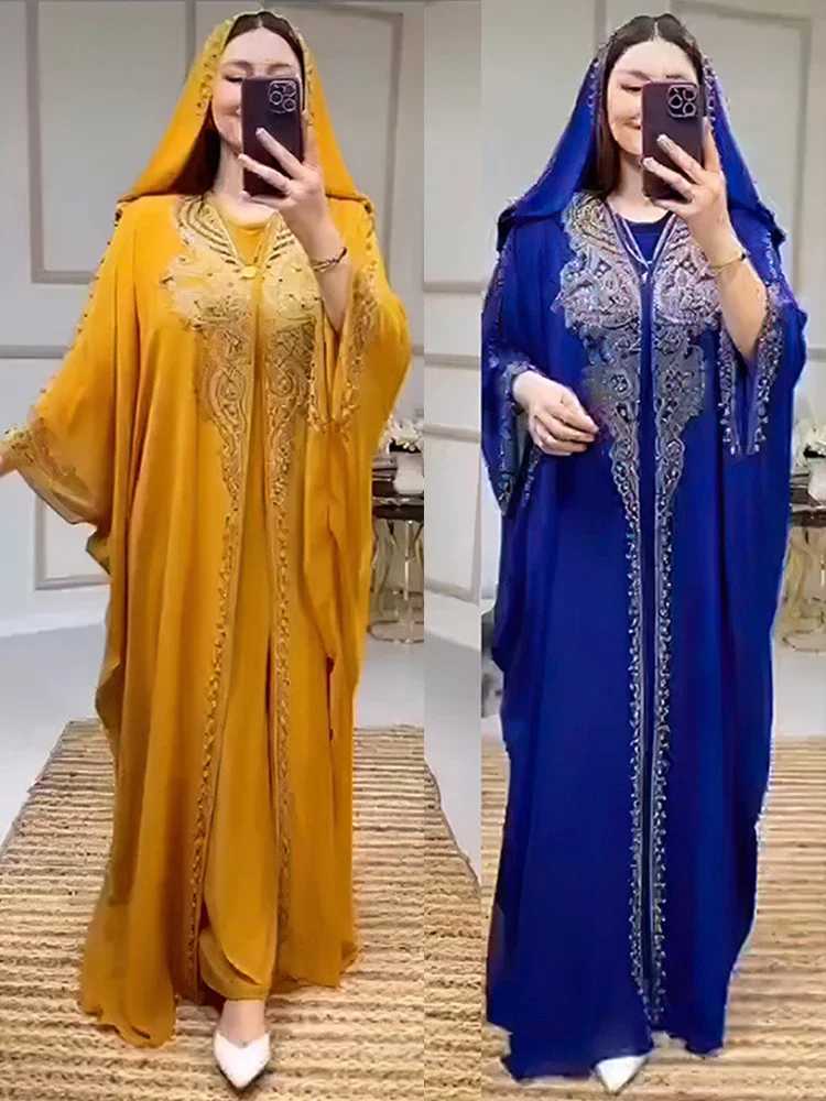 Eid al Fitr womens hooded Abaya 2-piece diamond Jalabiya Moroccan party dress Dubai Abayas Kaftan Vestido long dress X250327