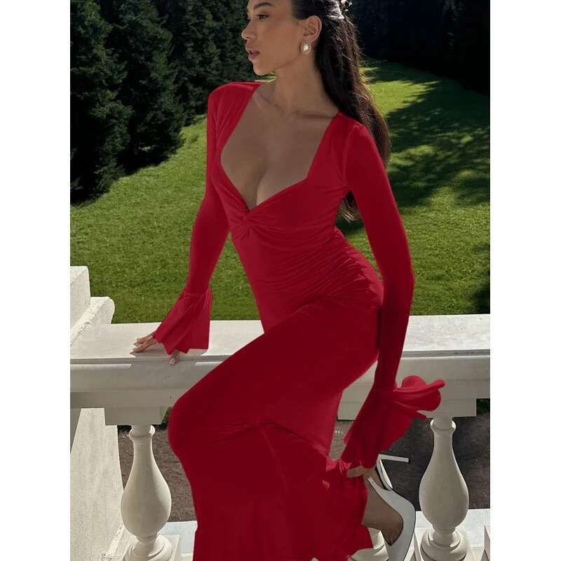 Dongdumaoyi Diepe V Klokmouwen Taille Kalkende Bodycon Geplooide Pure Sexy Desire Lange Jurk C