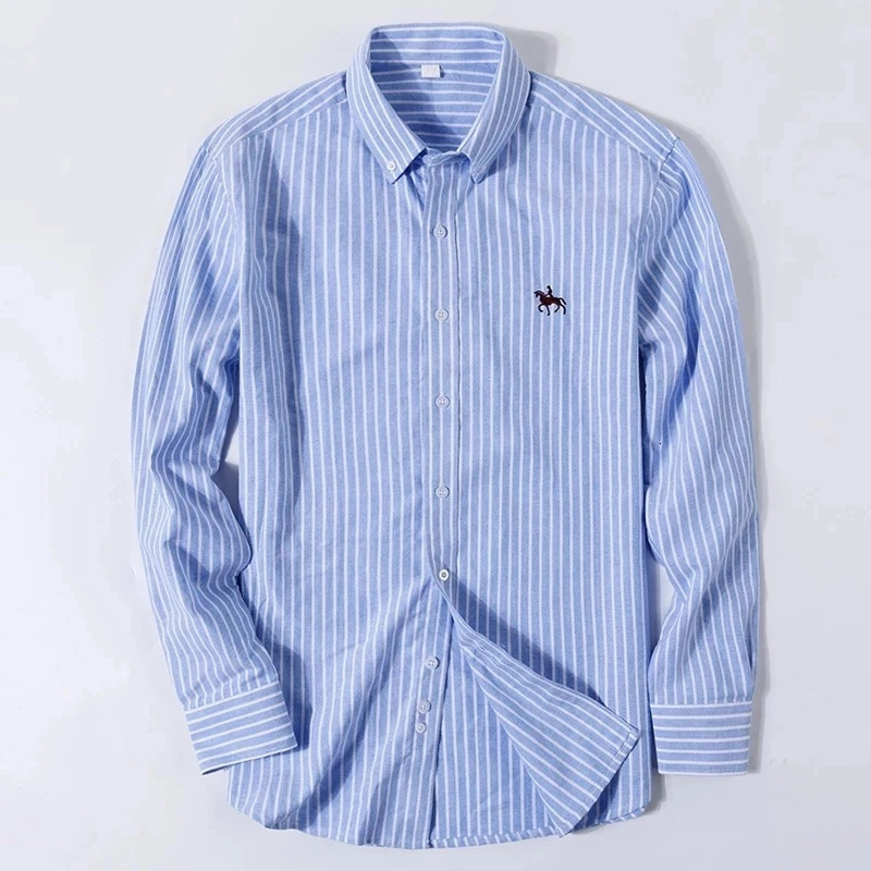 S6XL Oxford mens long sleeved pure cotton striped casual embroidery horse street clothing business plain weave office 6XL 250326