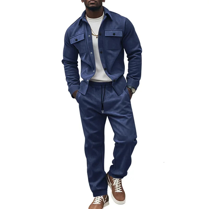 AutumnWinter Crossover American Heavy Jacket Casual Pants Two Piece Set Solid Color Mens Wear 250326