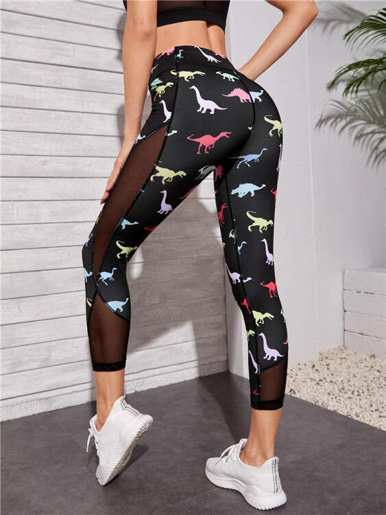 Women Yoga Pants New Summer Pocket Mesh Breathable Fitness Yoga Pants With Colorful Dinosaur Print Underpants YJ