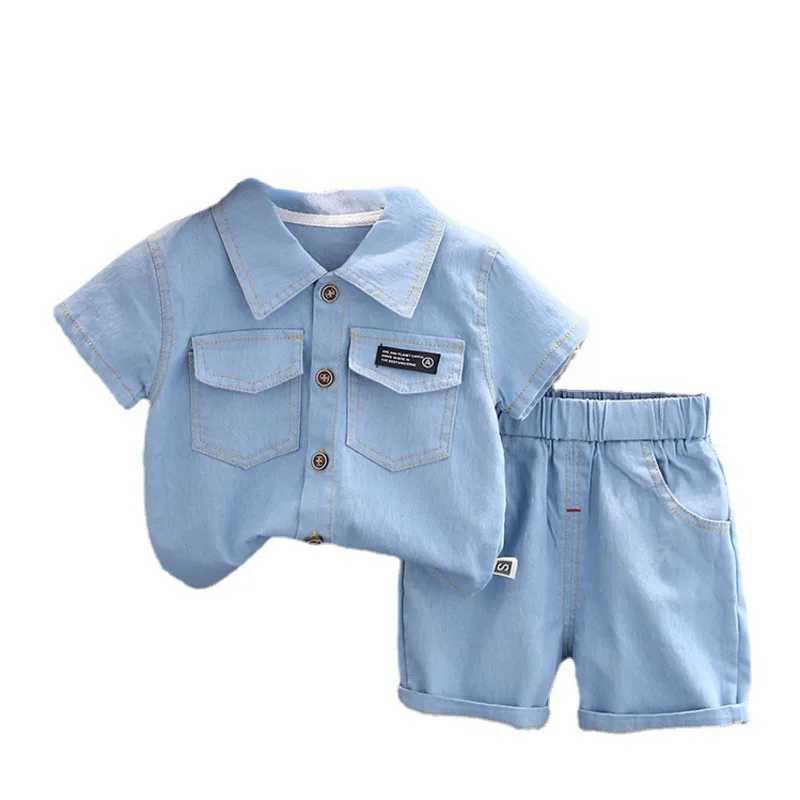 New summer boys clothing set childrens clothing fashionable solid shirt shorts 2PCS/set childrens casual clothing childrens track and field clothingT2