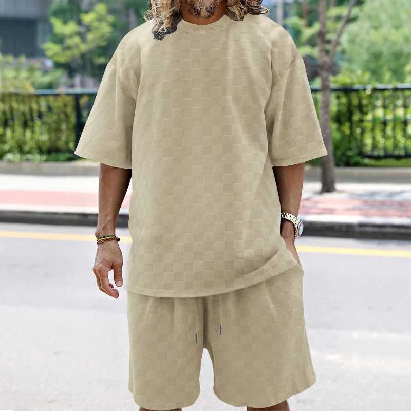 2024 new summer towel plain weave mens collar short sleeved top and shorts fashionable and casual oversized mens short sleeved setXJ250326