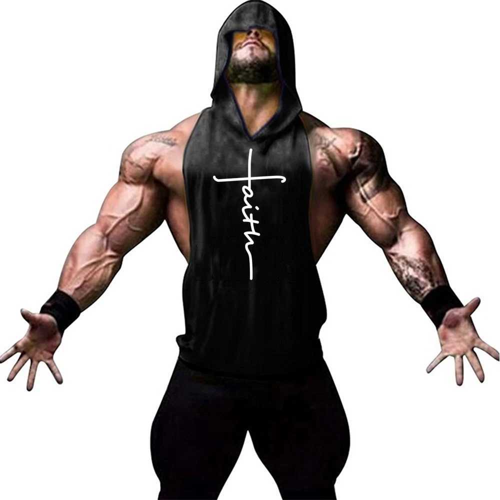 Brand new gym clothing mens hooded T-shirt with drop arm hole bodybuilding muscle tank top exercise sleeveless vest X250327