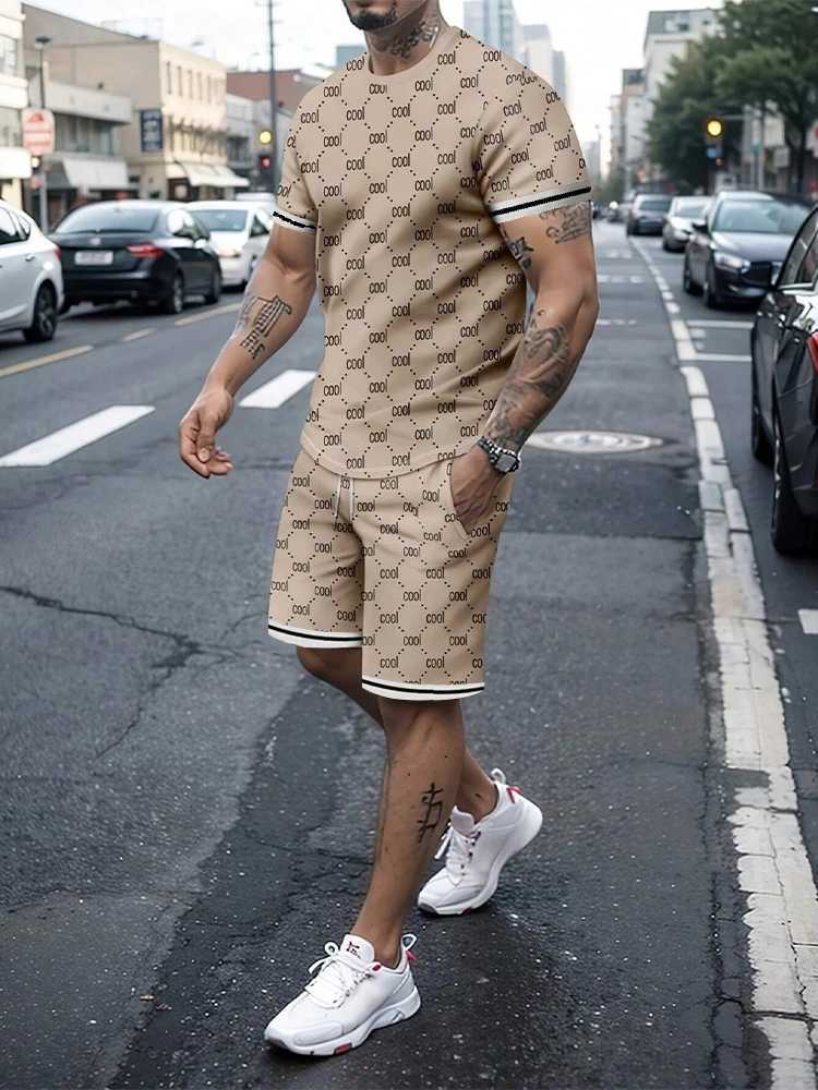 Casual mens fashion letter print color round neck short sleeved personalized trend two-piece clothingXJ250326
