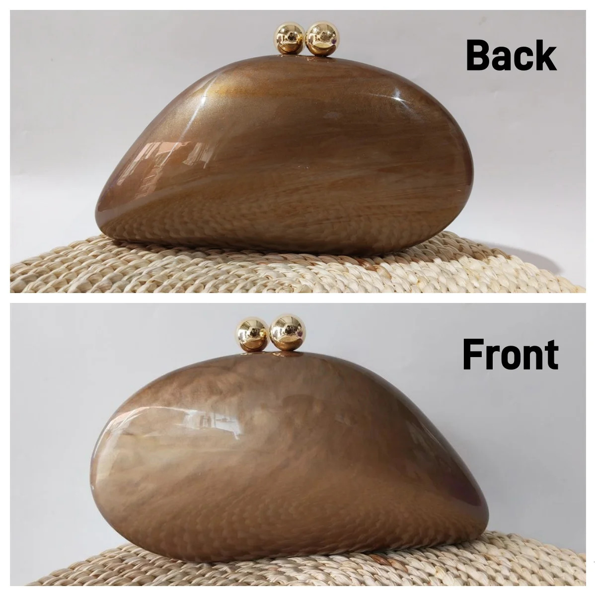 Irregular dumping solid brown coffee acrylic box clutch bead handbag womens shoulder evening beach party 250326
