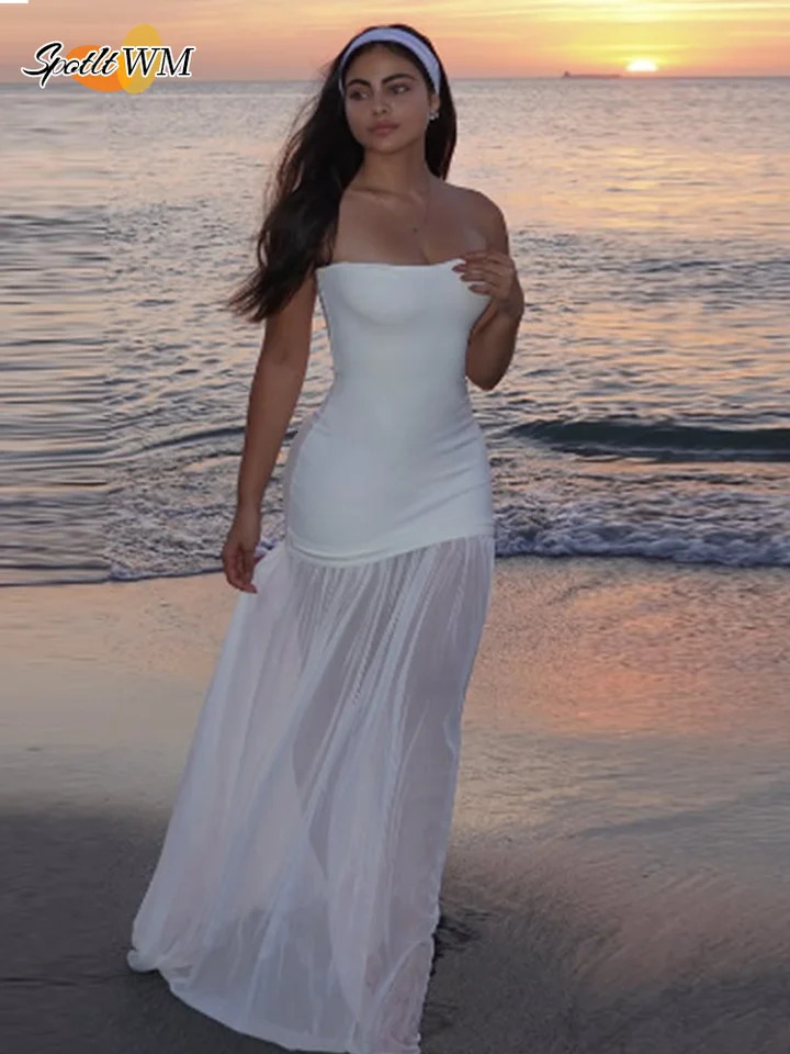 Elegant white high waisted long dress for women fashionable sleeveless and backless Aline Vestidos 2025 womens vocal beach 250324
