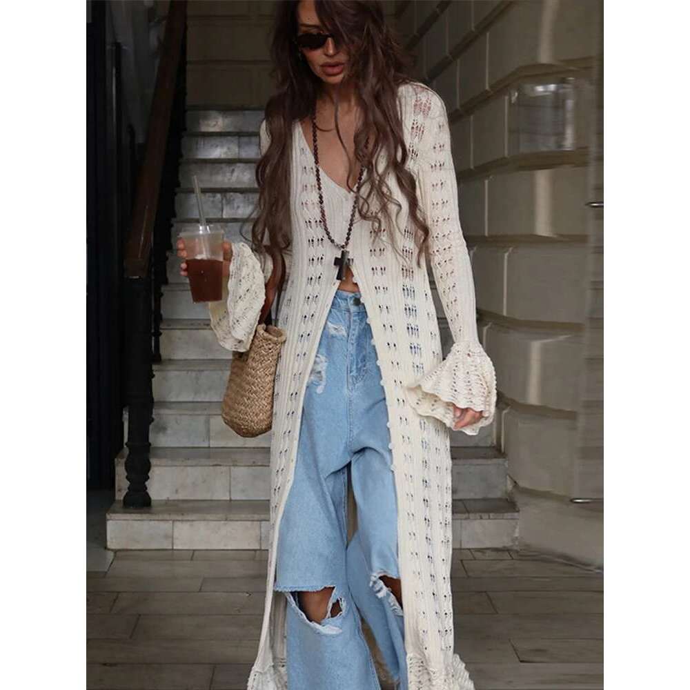 Women's Coat Knitted Hollow Out Cardigan Women's V-Neck Long Petal Sleeve Sweater Single Breasted Maxi Coats Autumn Elegant Outwear