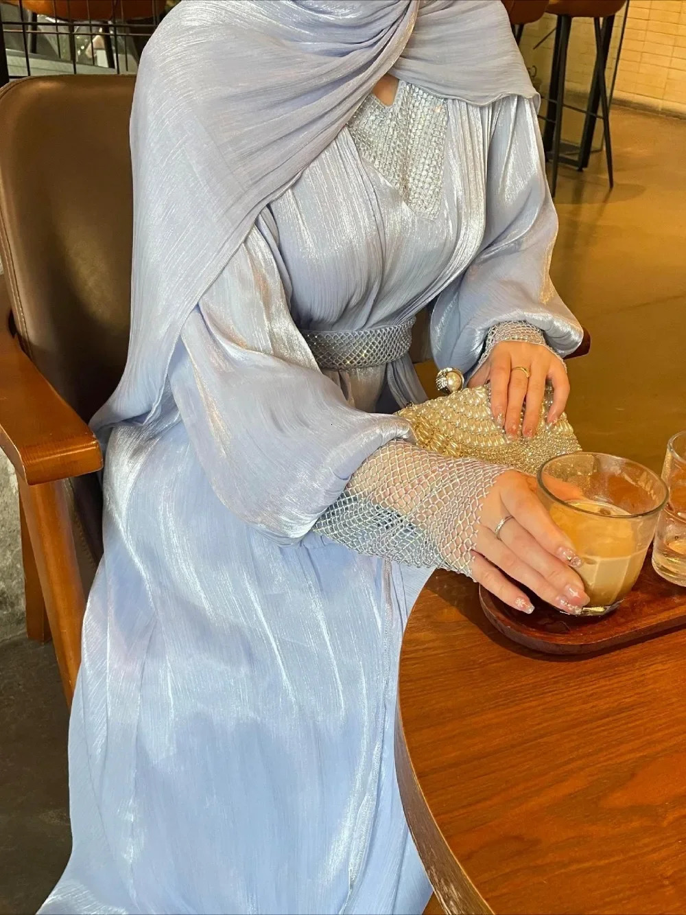 Party dress set of 3 suitable for Muslim Abaya women with scarf long cardigan wool sweater Vestdos belt Dubai Abayas Eid al Fitr Ramadan Jalabia 25032