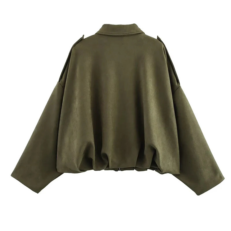 Green suede jacket womens lapel zipper long sleeved pocket bomb springsummer loose motorcycle 250326