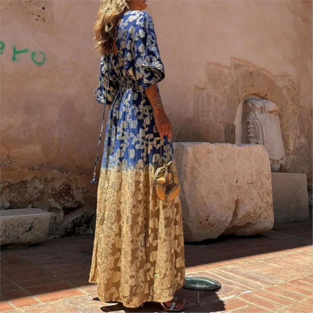 Elegant Printed Splicing Pants Fashion Deep Vneck Bat Sleeve High Waist jumpsuit Womens Casual Holiday Wide Leg 250326