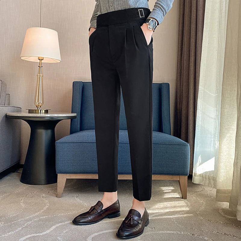 British Style Men High Waist Casual Dress Pant Men Belt Slim Trousers Formal Office Social Wedding Party Dress Suit Pants 250317