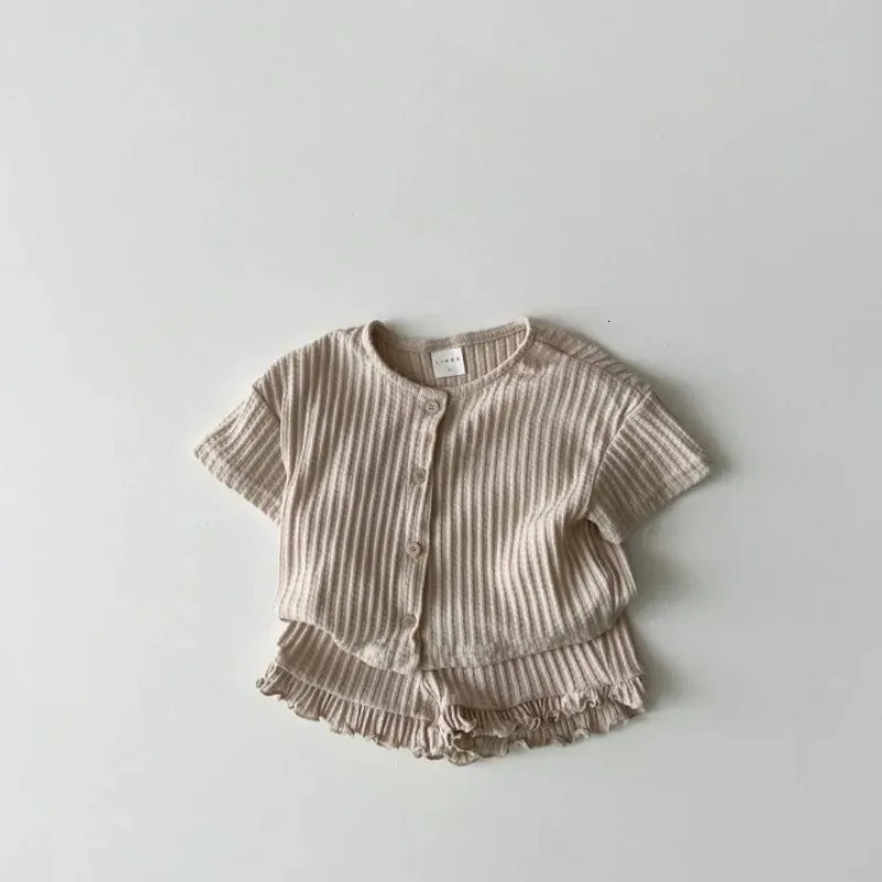 INS Korean Style Summer Thin Solid Color Girls Short Sleeve Ruffle Shirt Shorts Set for Toddler Baby Casual Two-Piece Outfits 250326