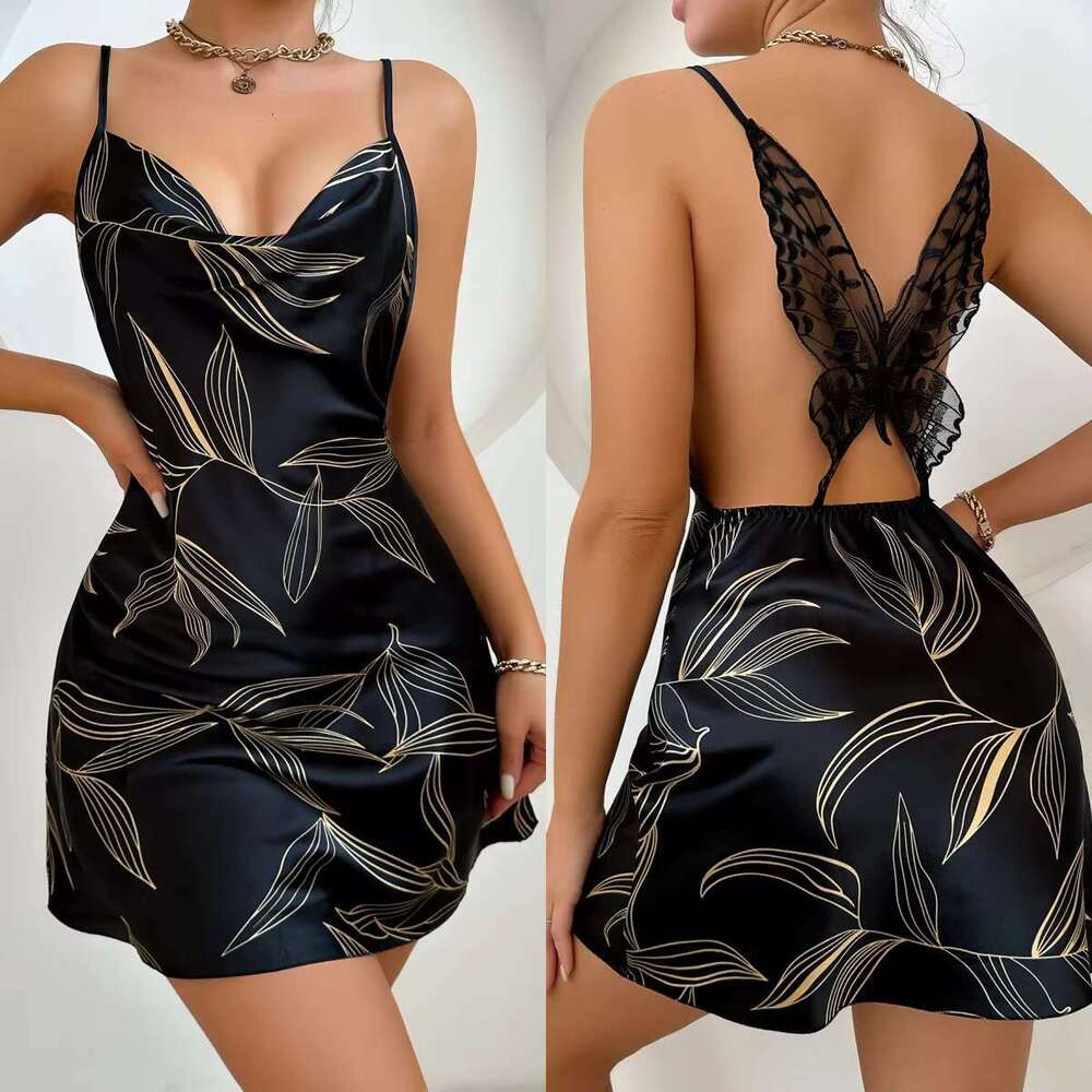 Sfy-Y5016 Nightdress Women's Satin Silk Erotic Pamas Backless Butterfly Embroidery Nightgown Sexy Dress