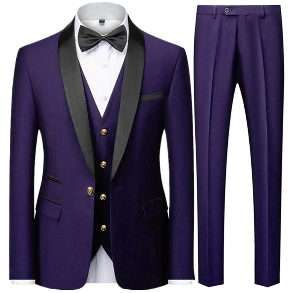 mens casual boutique business ultrathin wedding host formal set 3piece gold button jacket dress pants vest 250326