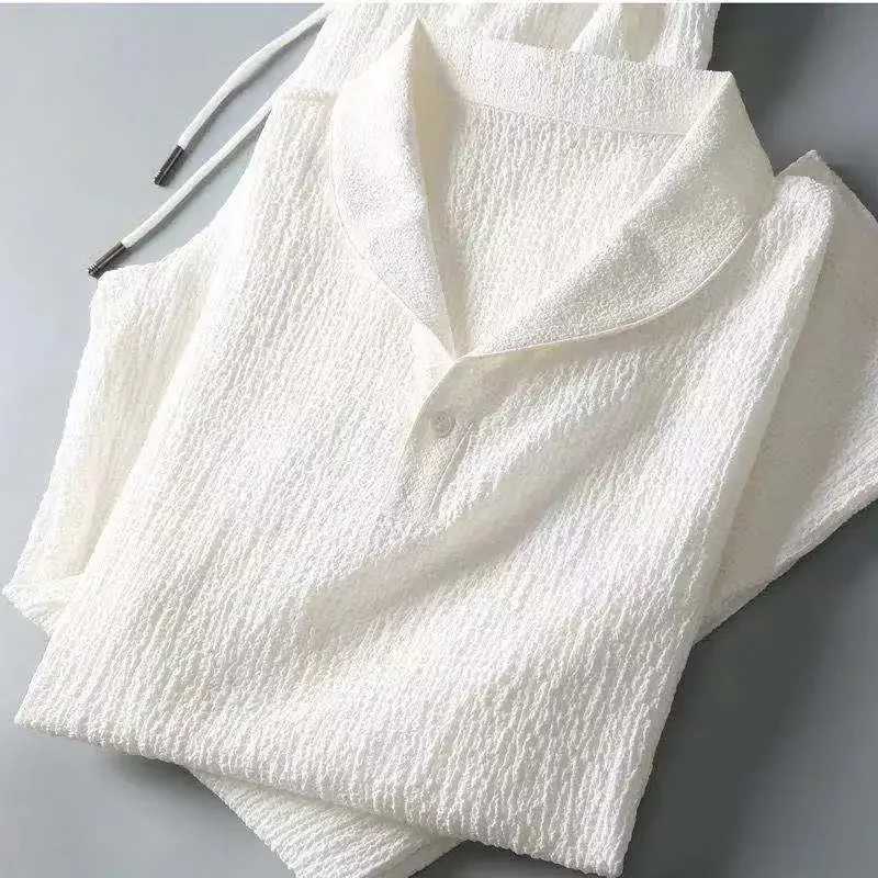 Summer fashion mens cotton linen 2-piece casual sportswear shawl collar white short sleeved T-shirtXJ250326