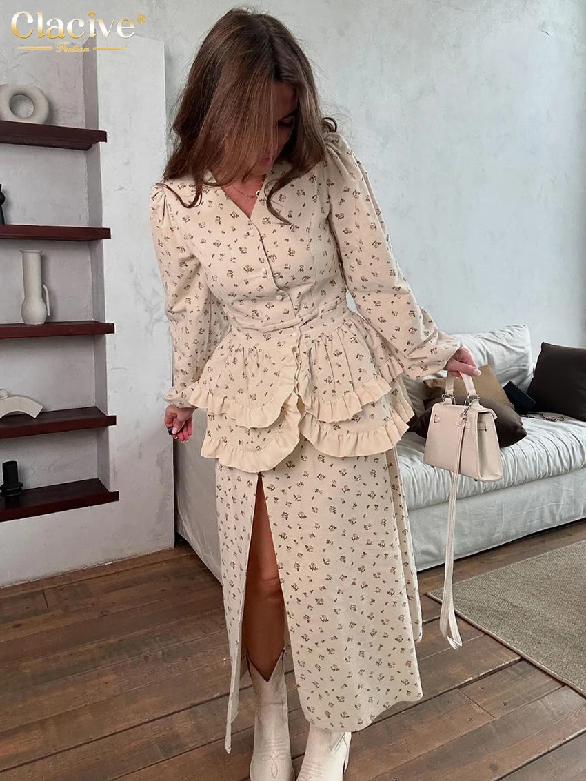 Clacive Fashion loose print womens twopiece set elegant long sleeved shirt high waist ankle length tight fitting 250326