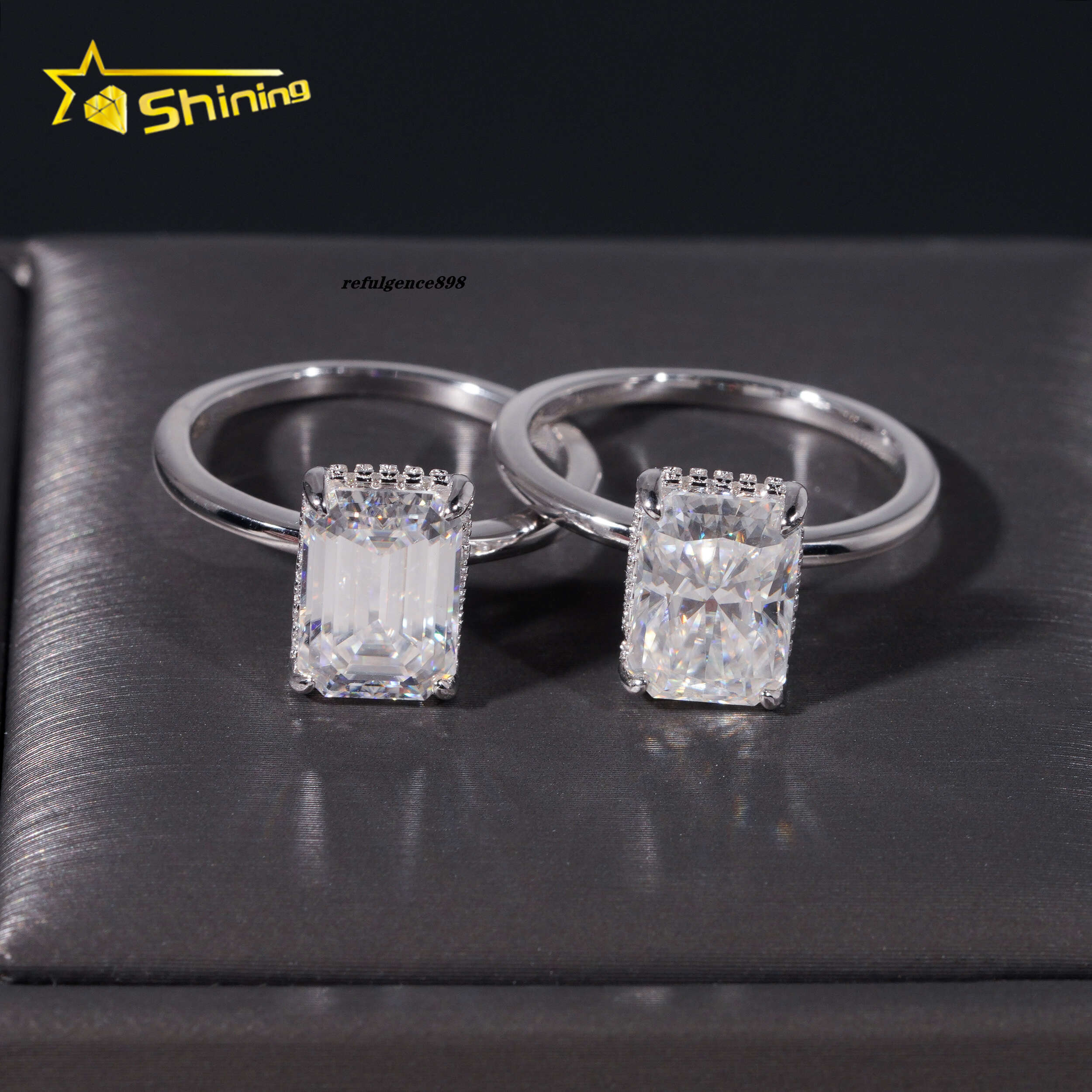 Fashion Women Jewelry Radiant Cut 3ct Moissanite 925 Sterling Silver Gold Plated Halo Set Plain Band Engagement Womens Rings