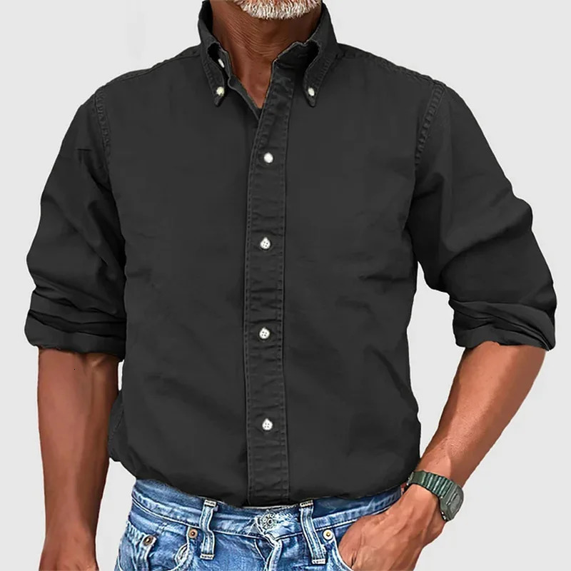 mens solid color long sleeved lapel clothing single chest shirt imitating denim 250326