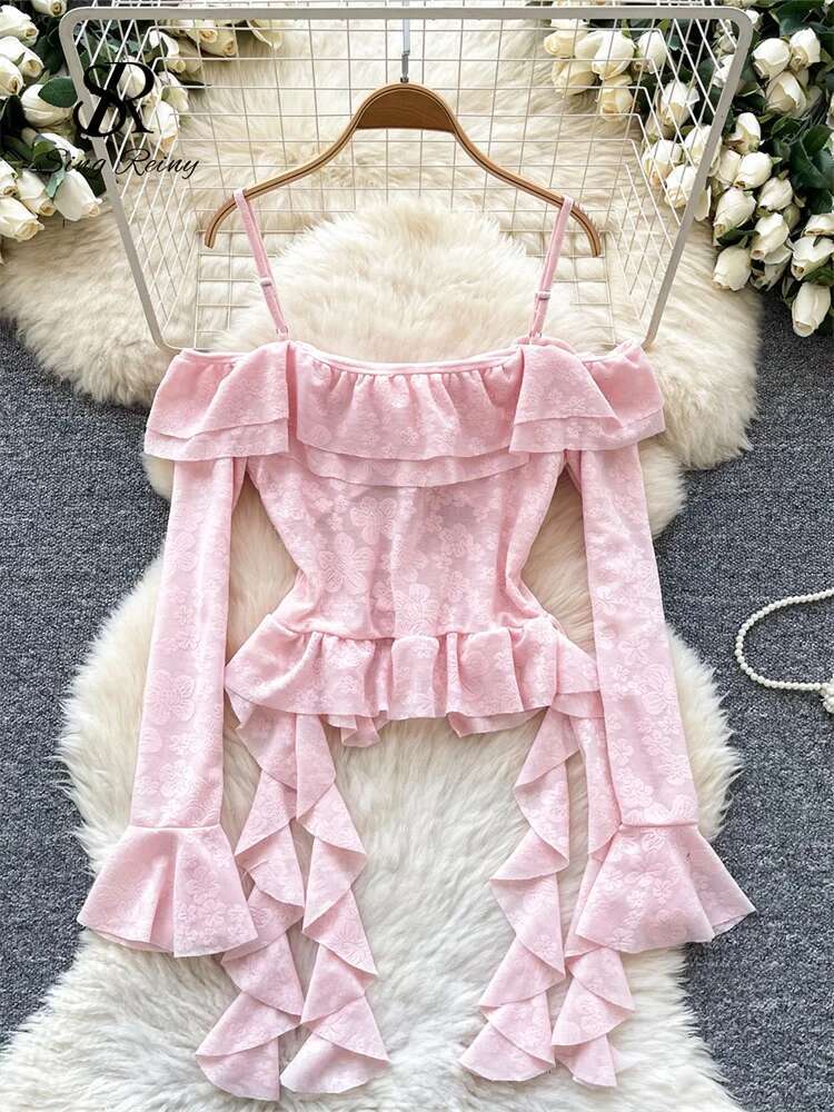 hoodie Korean Off Shoulder Sexy Blouse Female Long Flare Sleeves Ruffles Beach Shirt Summer Irregular Ral Hotsweet Top jacket