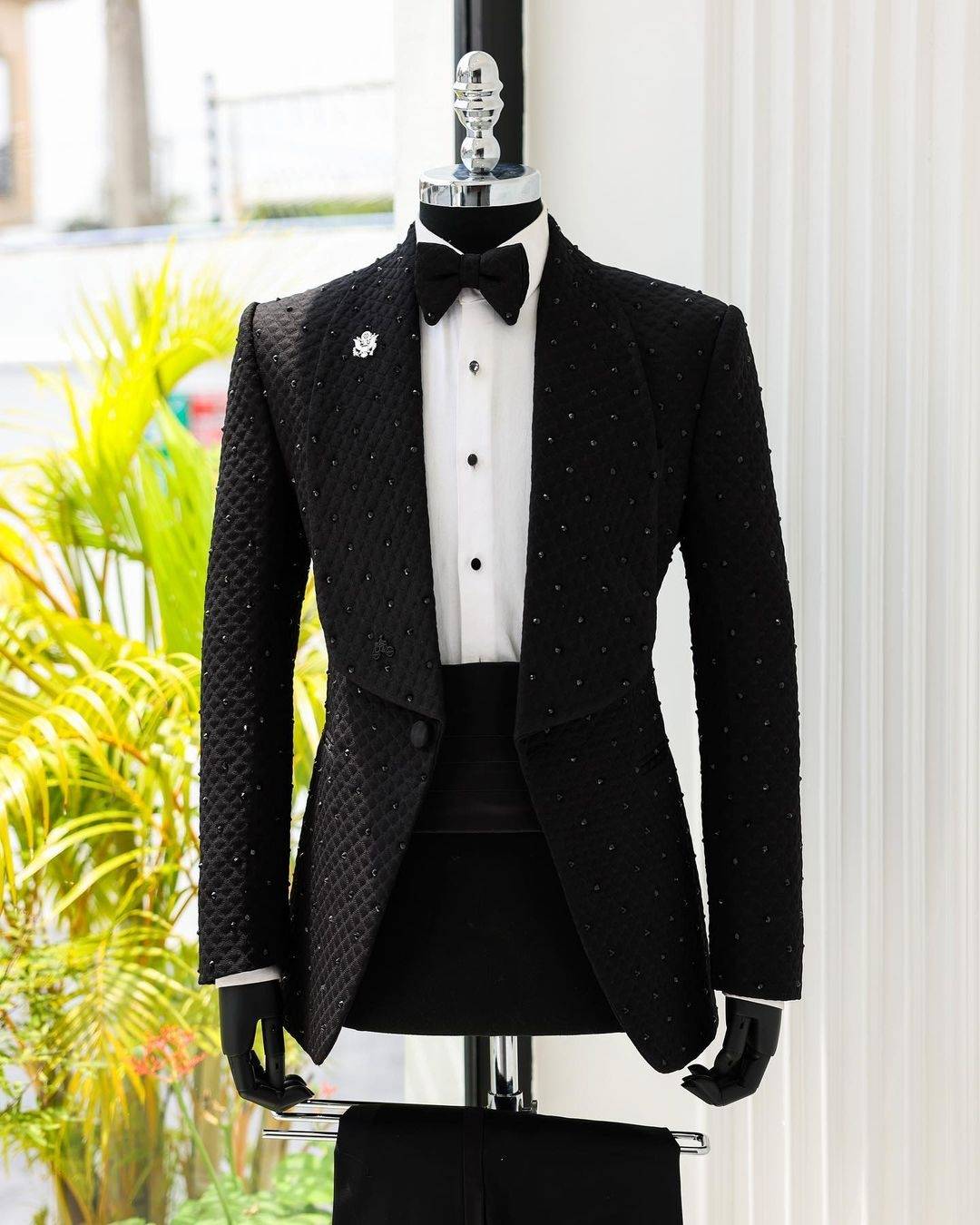 Black Spring Men Suits Set 2 Piece Blazer+Pant Trousers Crystals Beaded Customized Groom Wedding Tuxedo Formal Office Prom Jacket(Coat+Pants)