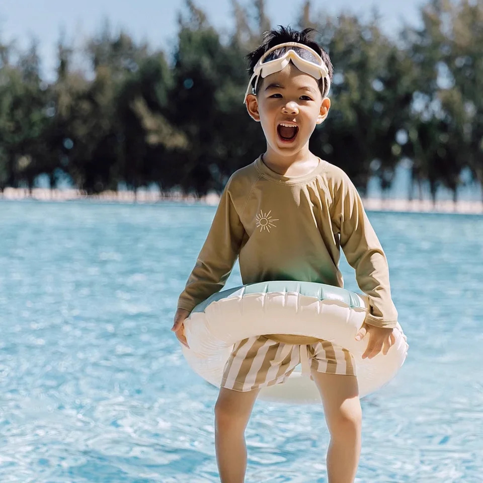 1-7T Summer Kids Boy Swimsuits Vacation Beach Pants Long sleeve Tops with Hat Toddler Sets Fashion Children Surfing Swim Suit 250326