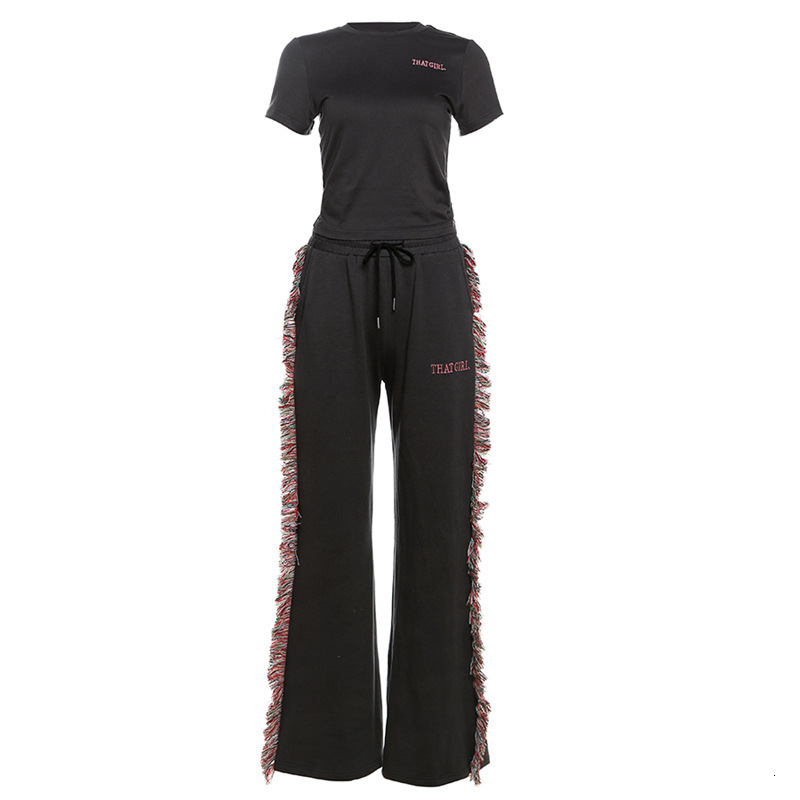 Designer Set New Women's Round Sports Set 2025 Round Neck Embroidered Short Sleeve T-shirt High Waist Colorful Tassel Casual Pants Street Sports 