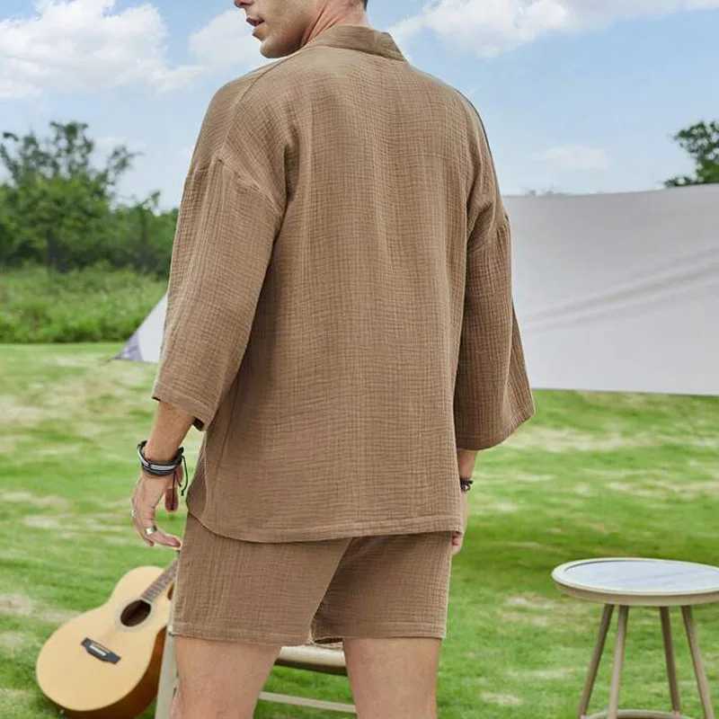 Mens set summer casual loose solid color cardigan wool sweater mens two-piece sports sweaterXJ250326