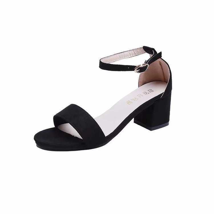 Summer New Medium Heels Womens Shoes Thick Heel Open Toe Suede Sexy One Line Buckle Womens Sandals Roman Shoes Trend