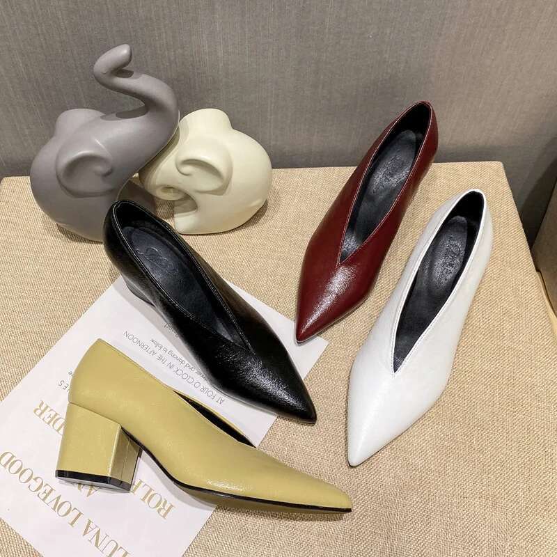 XGRAVITY Brand Dress Elegant Chunky High Heeeled Pumps Sexy Pointed Toe Evening Women V Cut Shoes