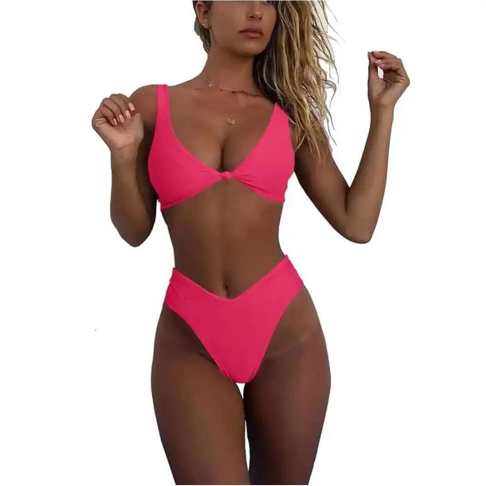 High-Waisted Bikinis Sexy Set Women's Solid Color Bow Design 2-Piece Swimwear European And American Cross-Border Style