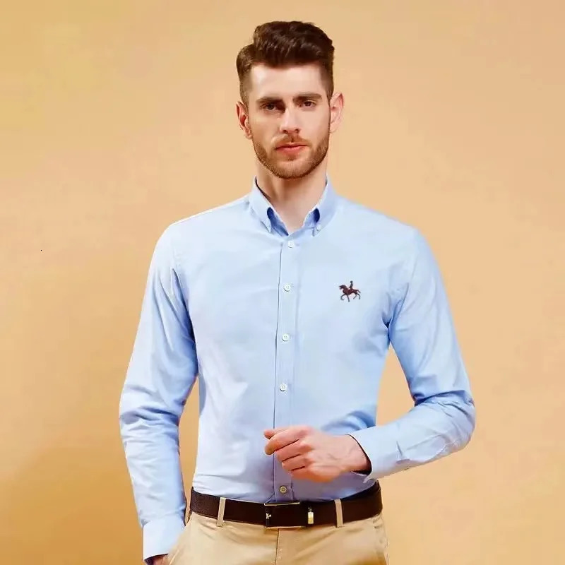 S6XL Oxford mens long sleeved pure cotton striped casual embroidery horse street clothing business plain weave office 6XL 250326