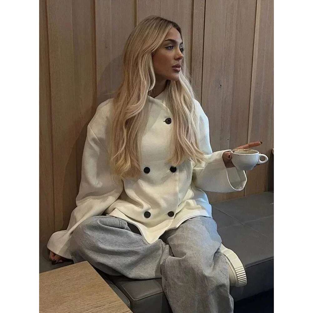 Women's Coat Elegant Solid Woolen Coat Women Double Breasted Loose Stand Collar Jacket Autumn Temperament Thick Warm Office Outerwear