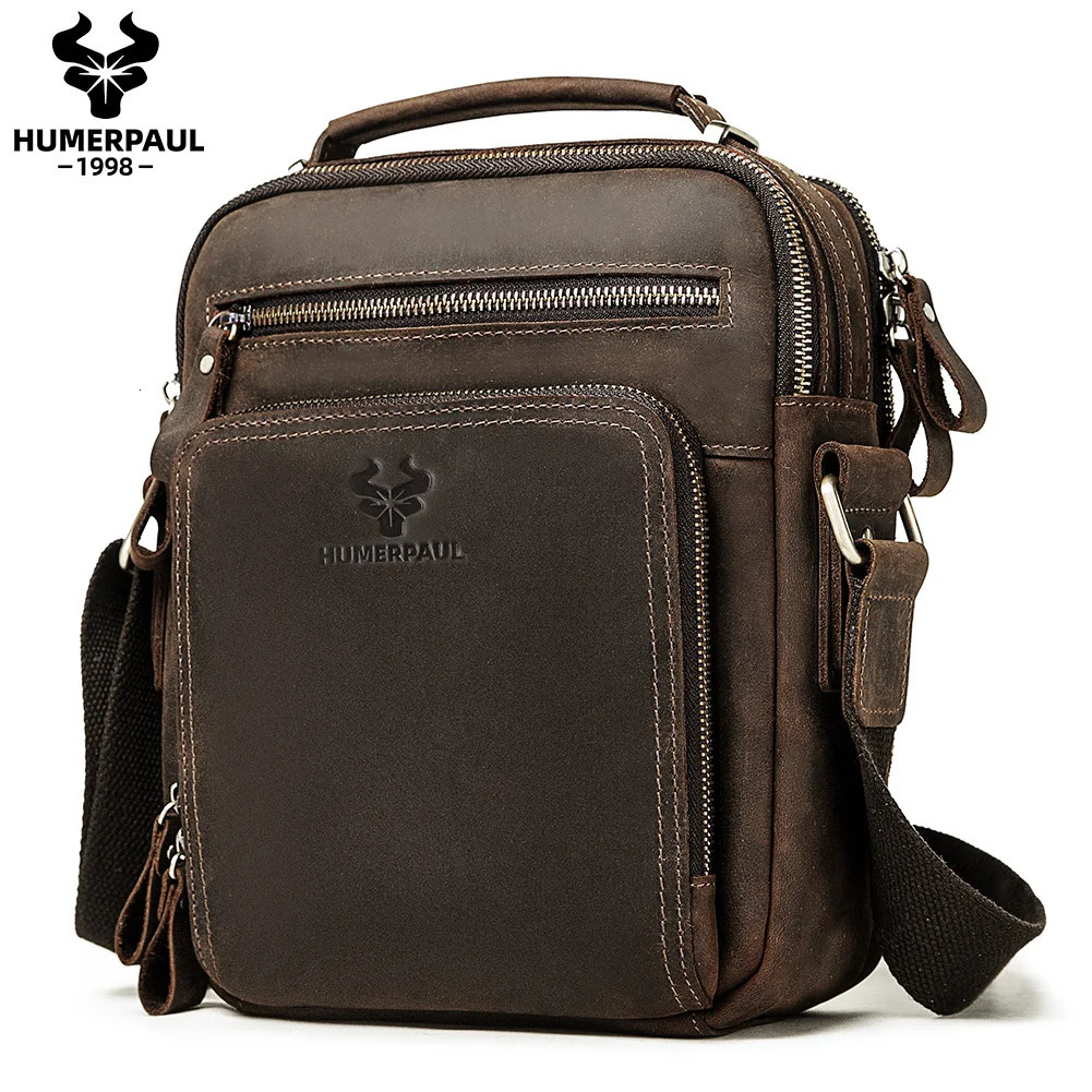 Crazy Horse Leather Mens Shoulder Bag Retro Cross Body Leisure Office Messenger Business Travel Handbag 250326