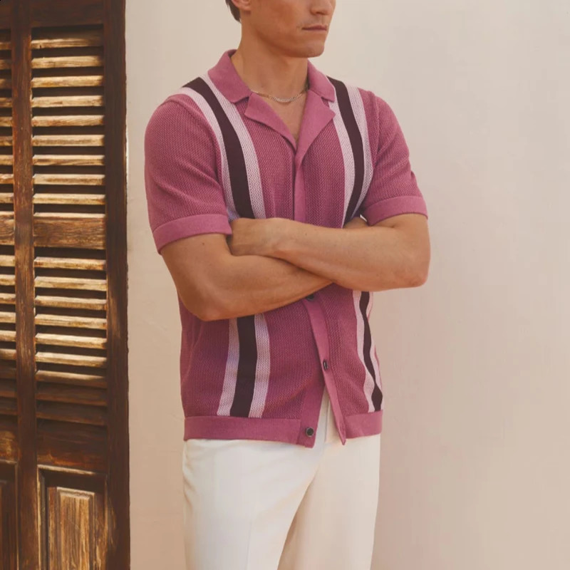 Mens cardigan T-shirt hollow striped knitted polo shirt casual buttons high-quality fashionable streetwear casual knitted 250327