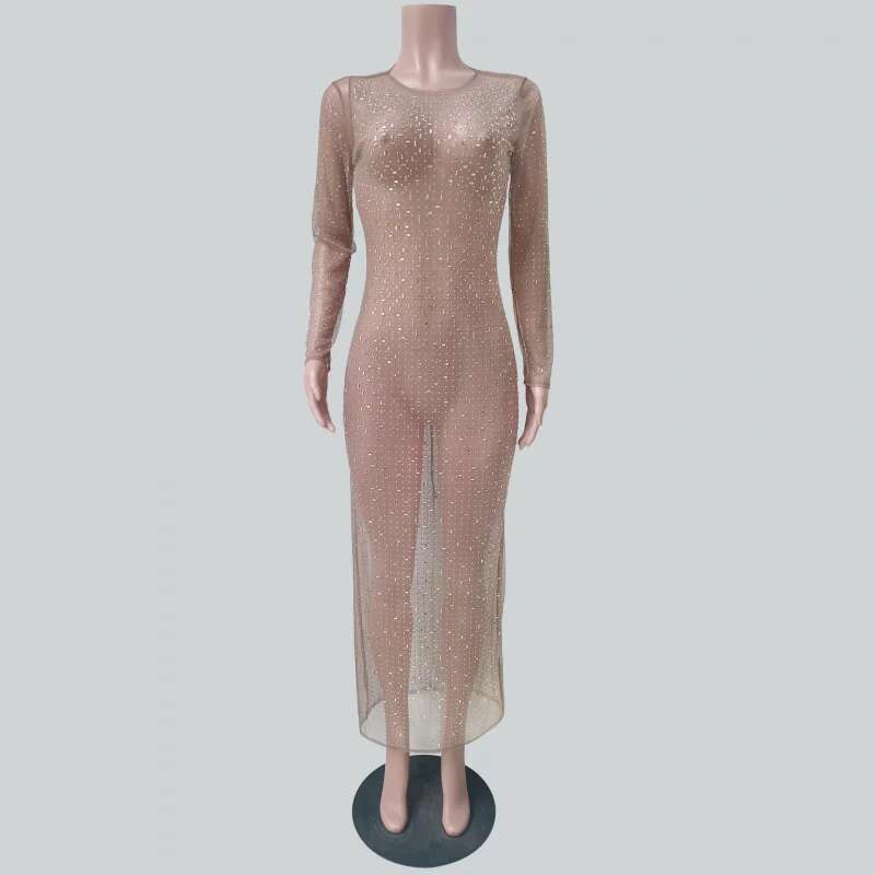 Dongdumaoyi Nieuwe Hot Fashion Sexy Strass Blouse Mesh Lange Mouw Split Jurk C