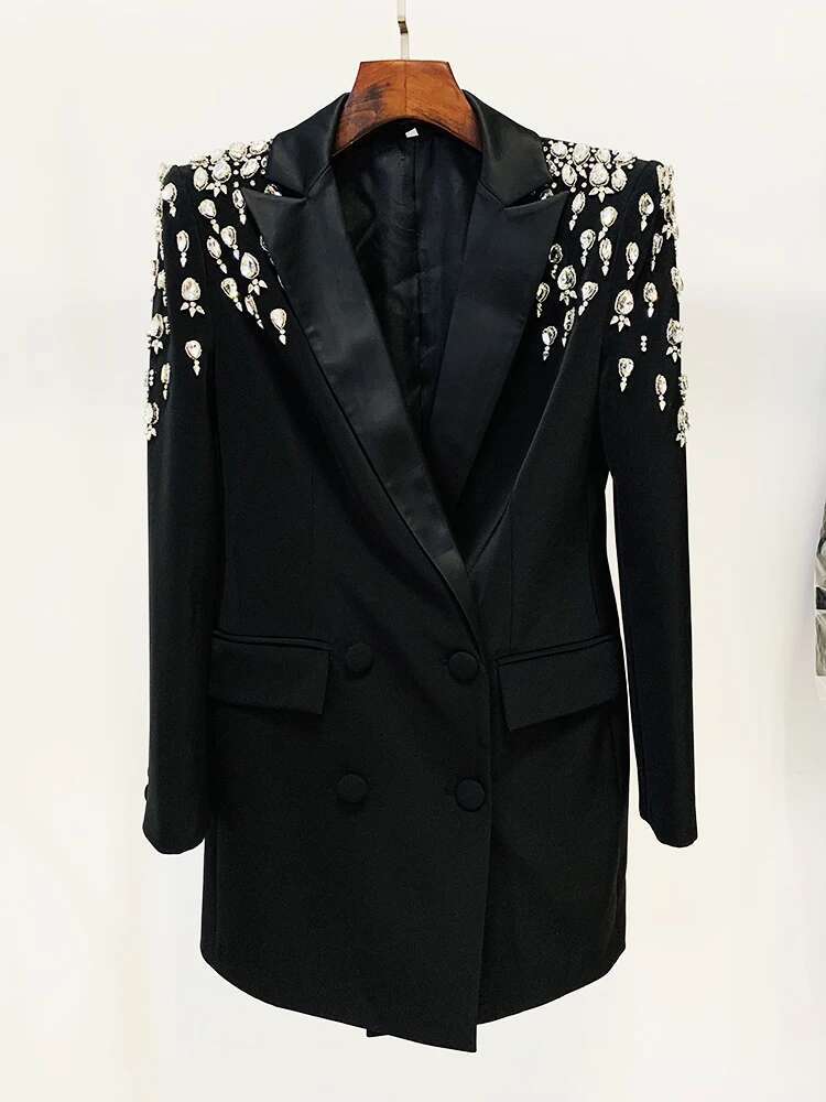 HIGH STREET Newest 2024 Designer Jacket Women's Double Breasted Rhie Dias Beaded Long Blazer Dress