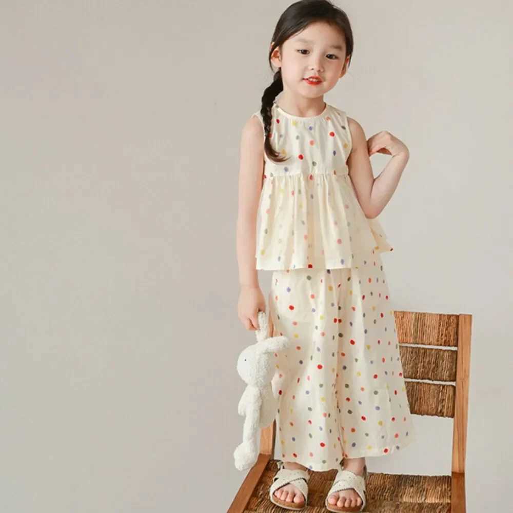 Summer mesh childrens set sleeveless polka dot top+wide leg pants 2-piece set for girls clothing casual set 3-7 YT250327