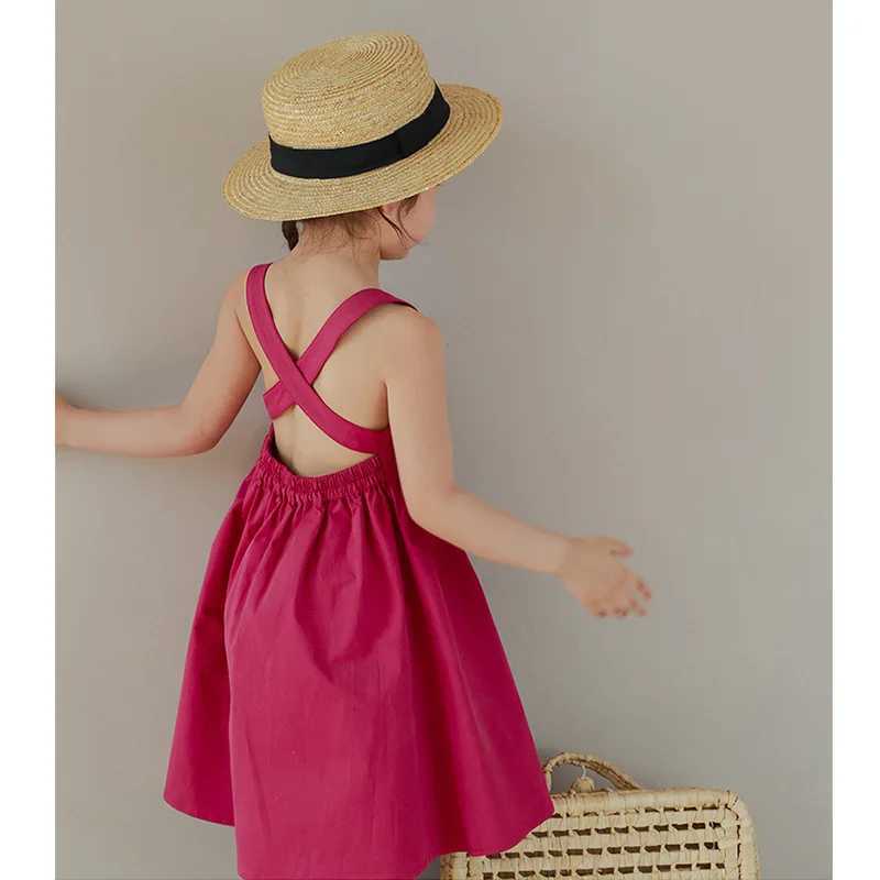 Girl lifting summer new childrens Korean solid color thin pure cotton childrens clothing simple casual childrens dress W250326