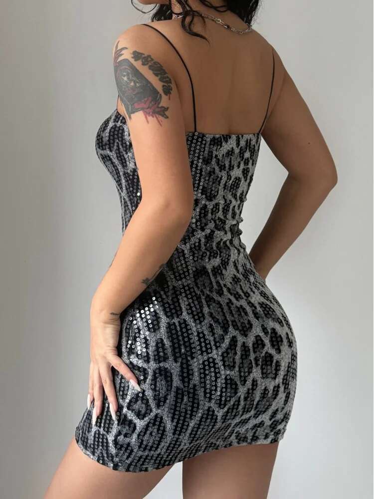 Dongdumaoyi Nieuwe Mode Luipaardprint Street Style Club Veelzijdige Strappy Pailletten Damesjurk C