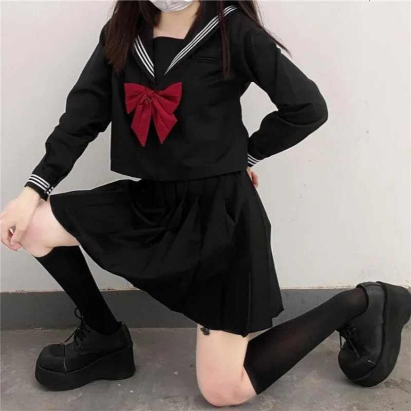 Japanese School Uniform Girl Jk Set Red Tie Black Extra Large Patch Work Basic Sailor Womens Long Sleeve 250326