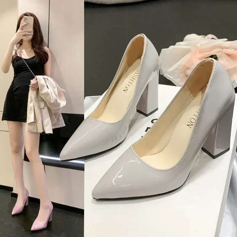 Square Heels Pumps Women Shoes Patent Leather Sexy Wedding Party Official Leisure Super Big Szie