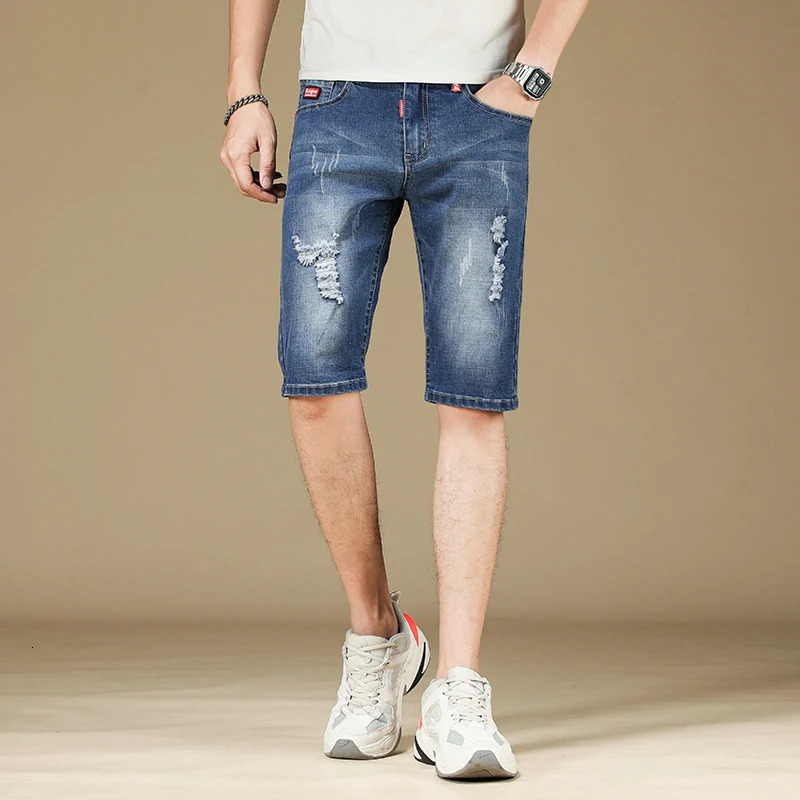 mens thin denim fashion shorts washed slim casual jeans Destroyed Ripped Plus size 250326