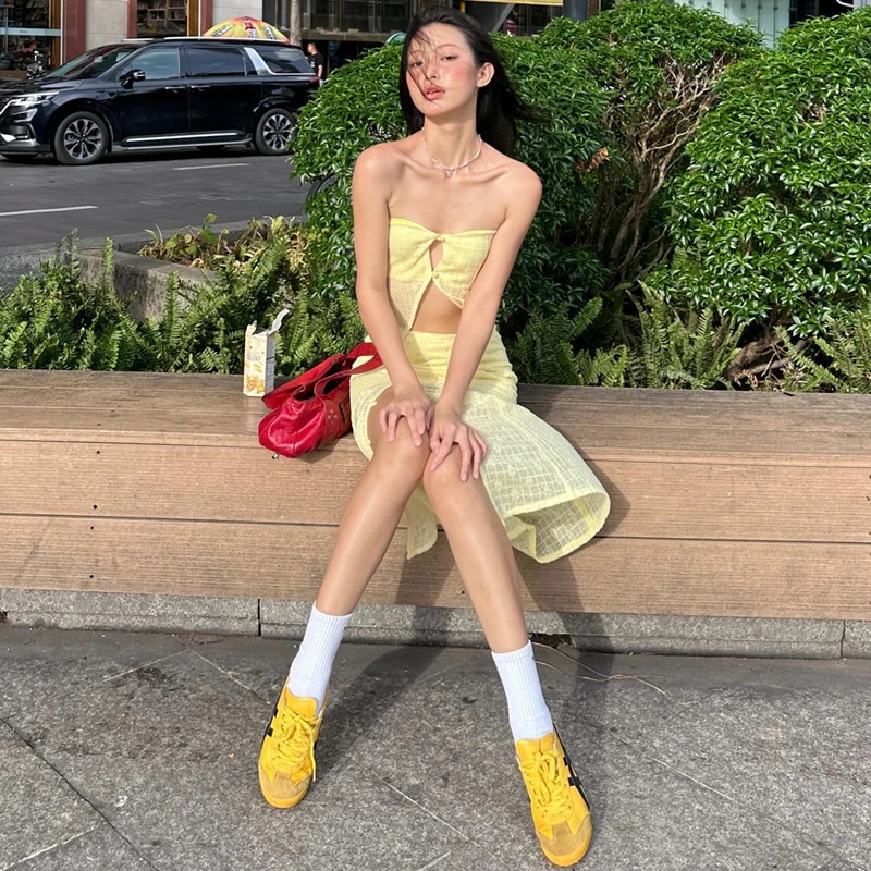 Among them the casual summer hollow womens twopiece set sleeveless shoulder top and high waisted long clothing 250326
